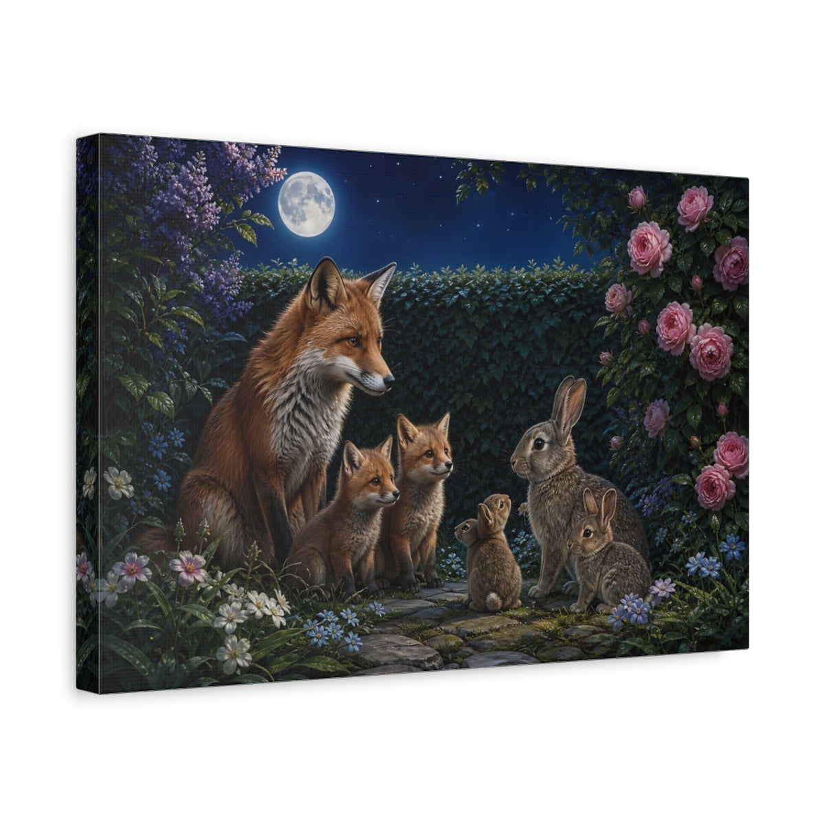Side Mockup 4. Animals Foxes And Rabbits Moonlit Wildlife shown as canvas print