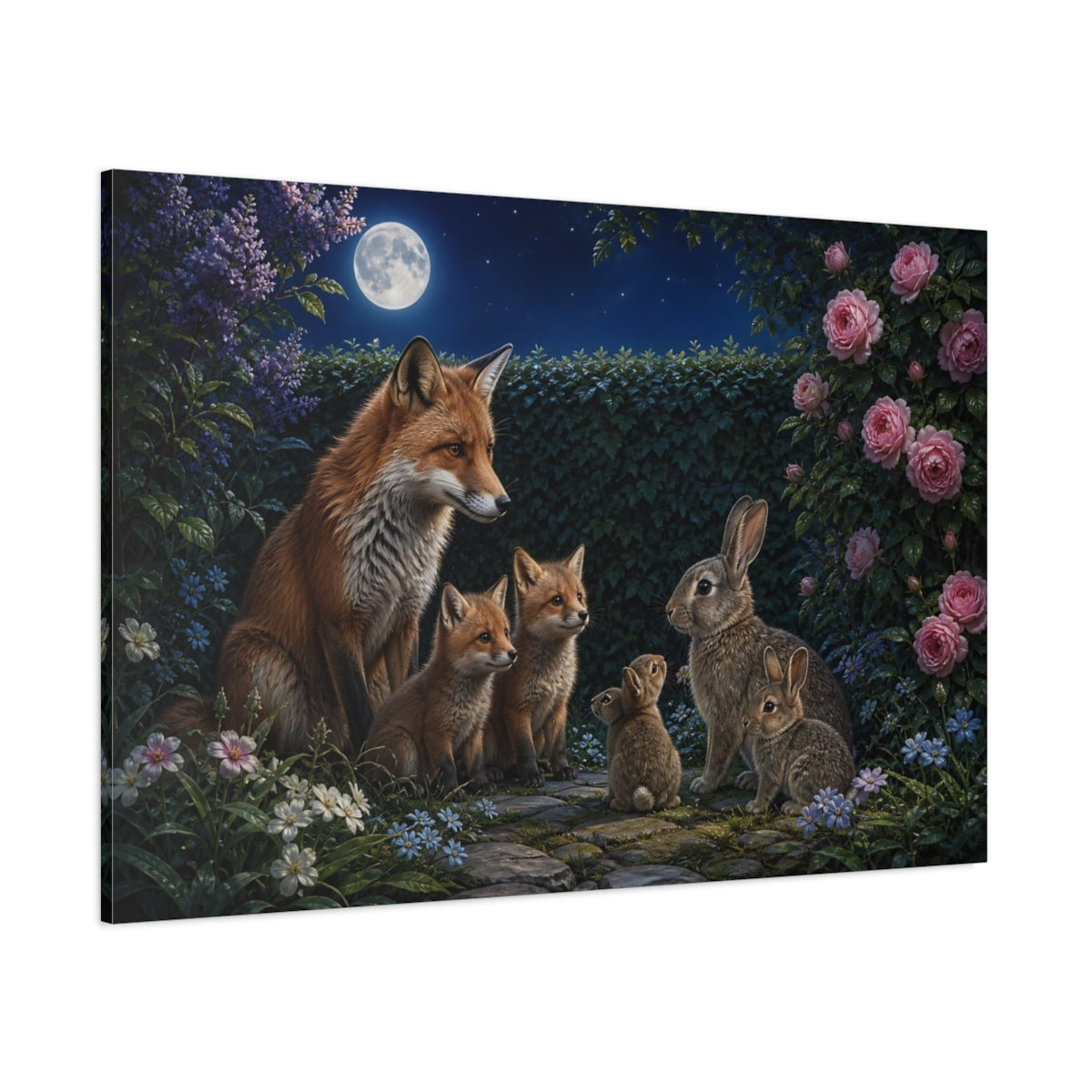 Side Mockup 1. Animals Foxes And Rabbits Moonlit Wildlife shown as canvas print