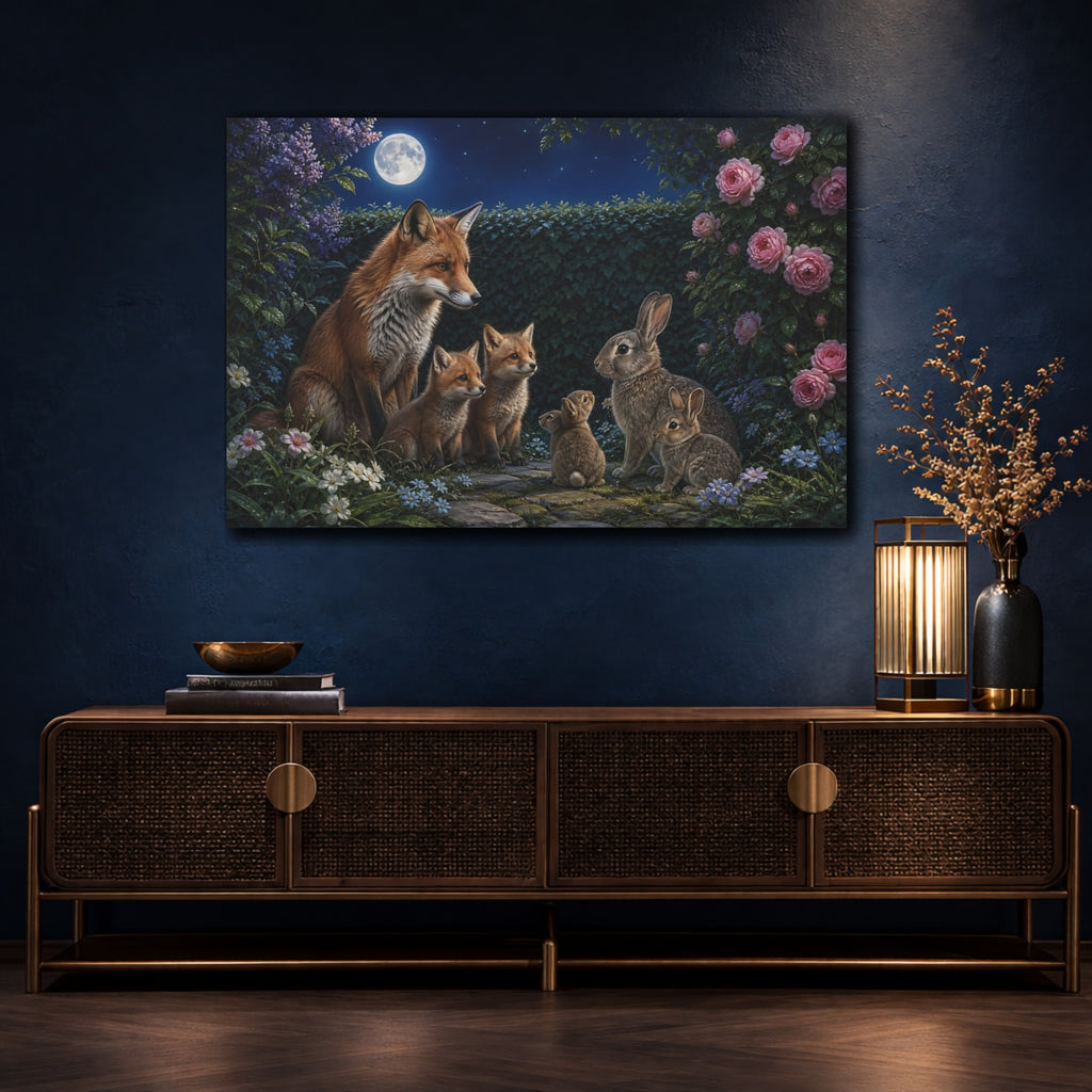 Mockup 4. Animals Foxes And Rabbits Moonlit Wildlife shown as canvas print