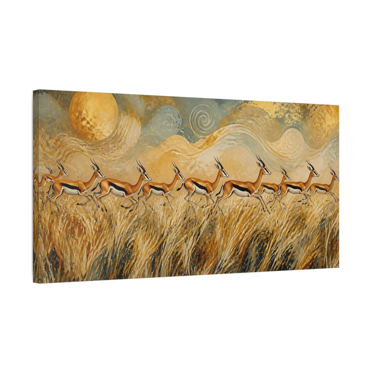 Side Mockup 1. Animals Gazelle Herd Golden Gazelle shown as stretched canvas wall art
