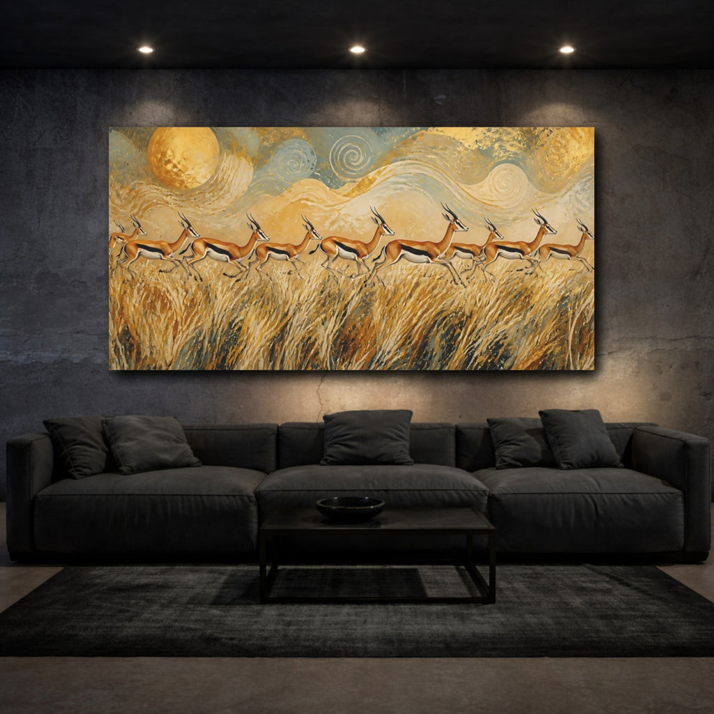 Mockup 3. Animals Gazelle Herd Golden Gazelle shown as stretched canvas wall art