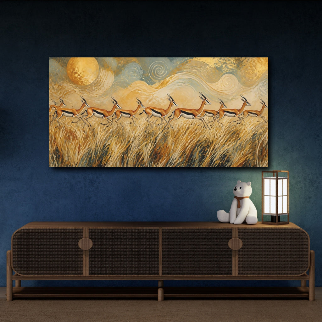 Mockup 4. Animals Gazelle Herd Golden Gazelle shown as stretched canvas wall art