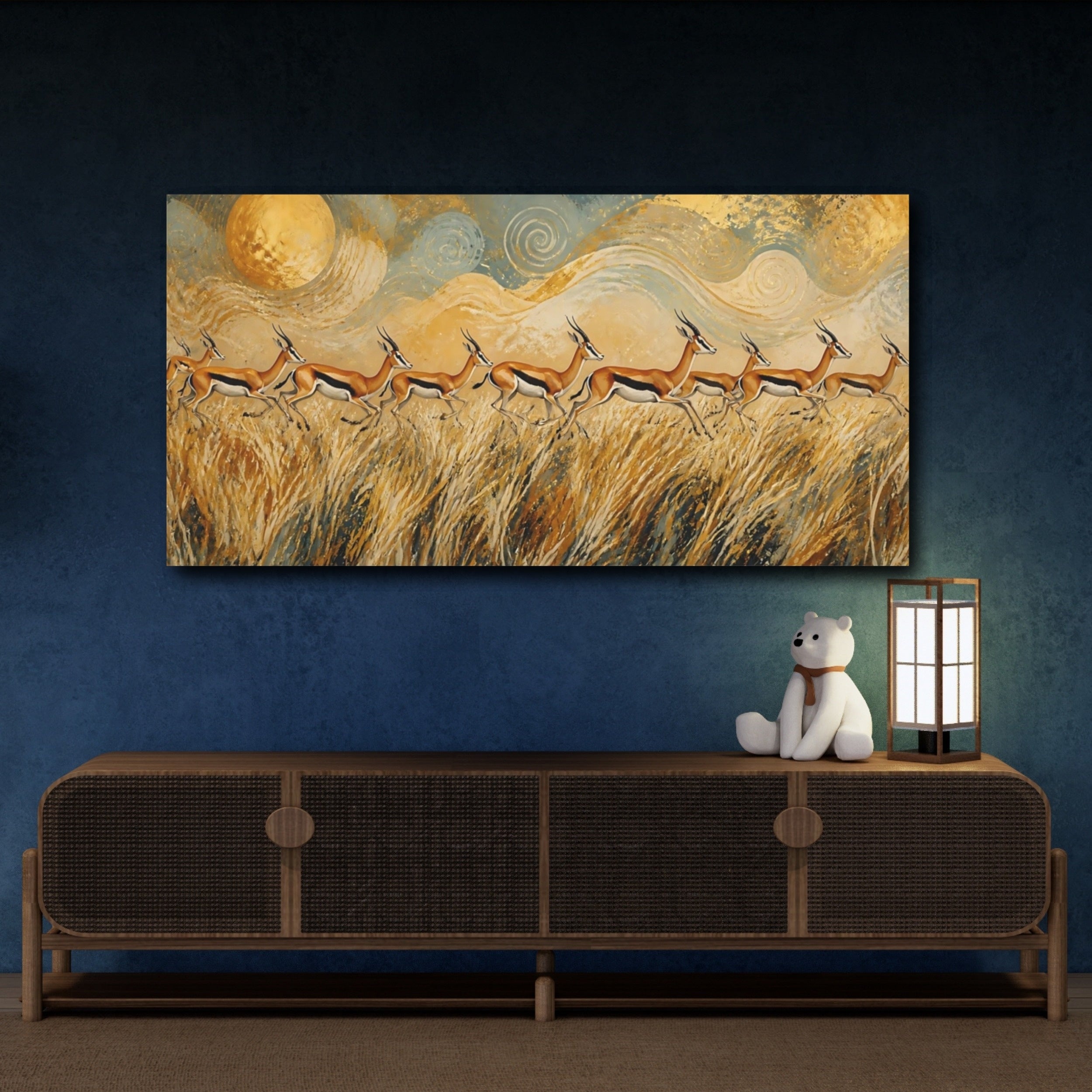 Mockup 4. Animals Gazelle Herd Golden Gazelle shown as stretched canvas wall art