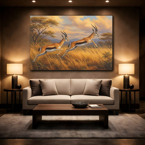 Mockup 2. Animals Gazelles Brown And Gold Wildlife shown as canvas print