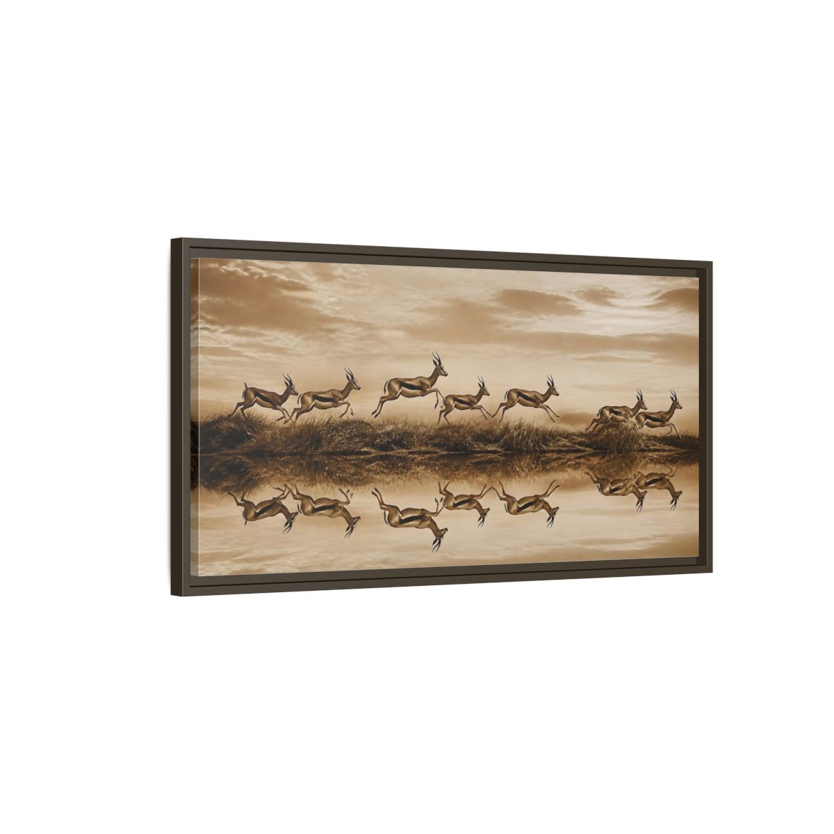 Main Mockup. Animals Gazelles Sepia Wildlife shown as stretched canvas wall art