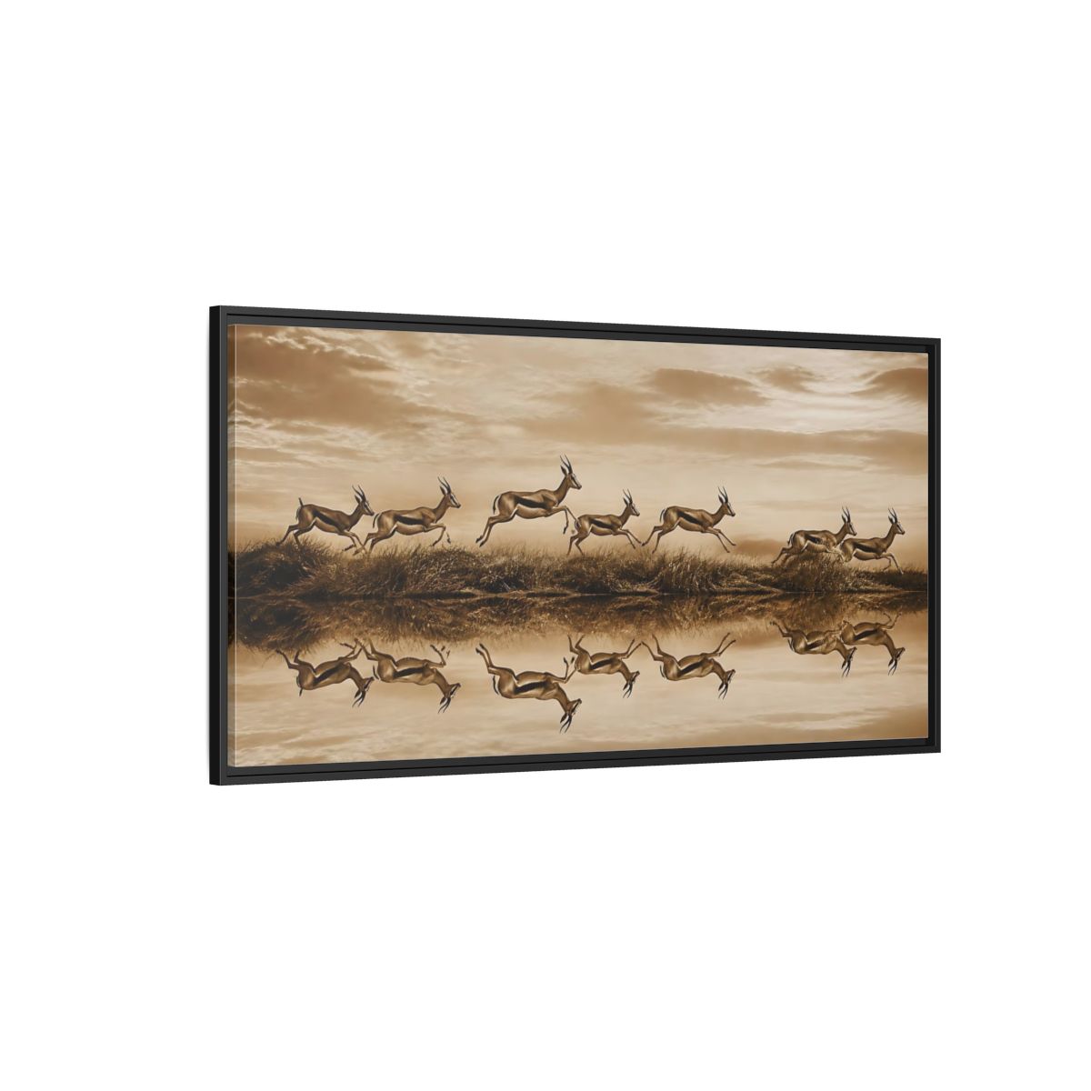 Side Mockup 5. Animals Gazelles Sepia Wildlife shown as stretched canvas wall art