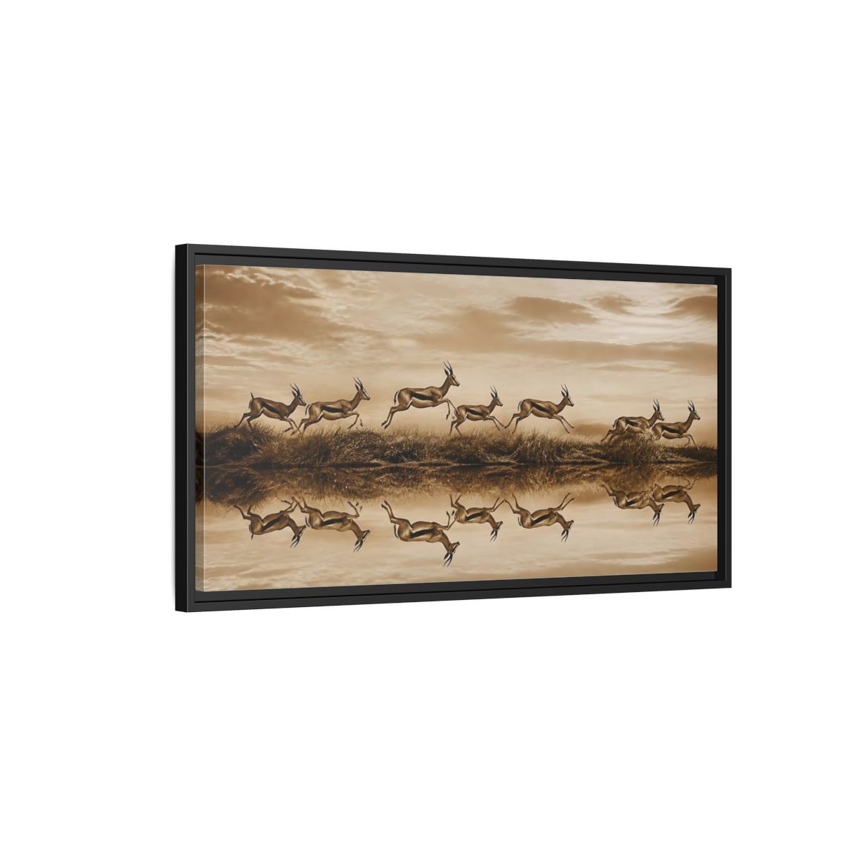 Side Mockup 2. Animals Gazelles Sepia Wildlife shown as stretched canvas wall art