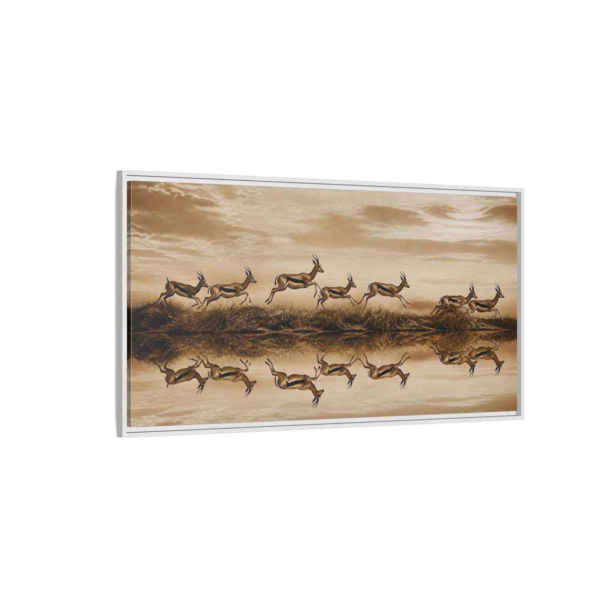 Side Mockup 3. Animals Gazelles Sepia Wildlife shown as stretched canvas wall art