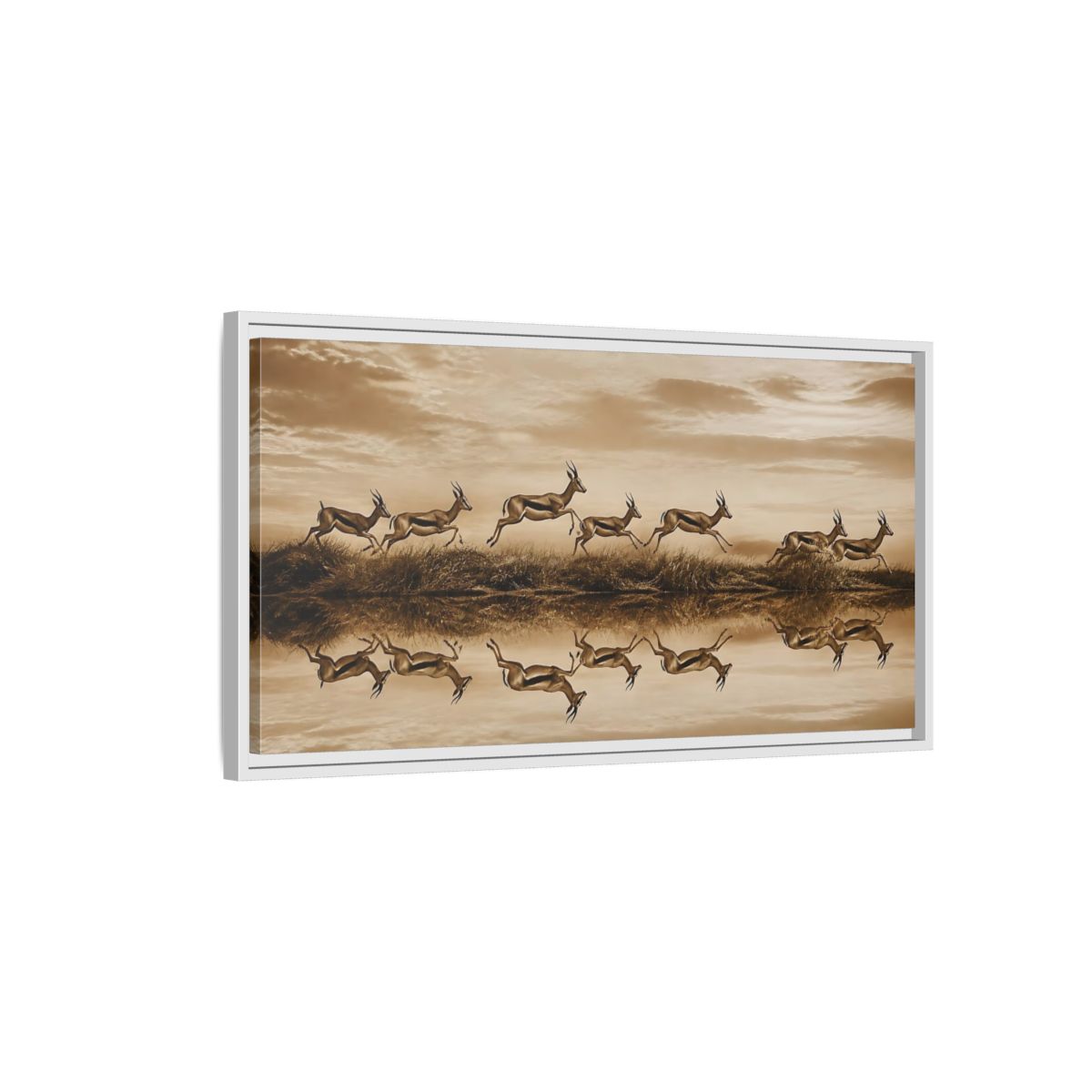 Side Mockup 1. Animals Gazelles Sepia Wildlife shown as stretched canvas wall art