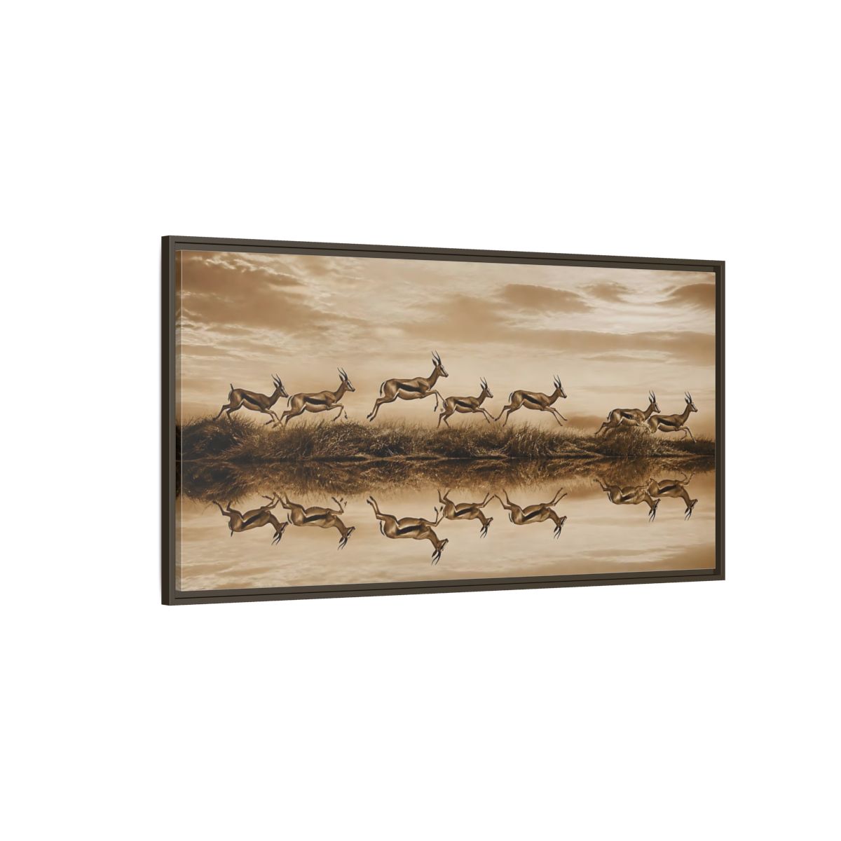 Side Mockup 4. Animals Gazelles Sepia Wildlife shown as stretched canvas wall art