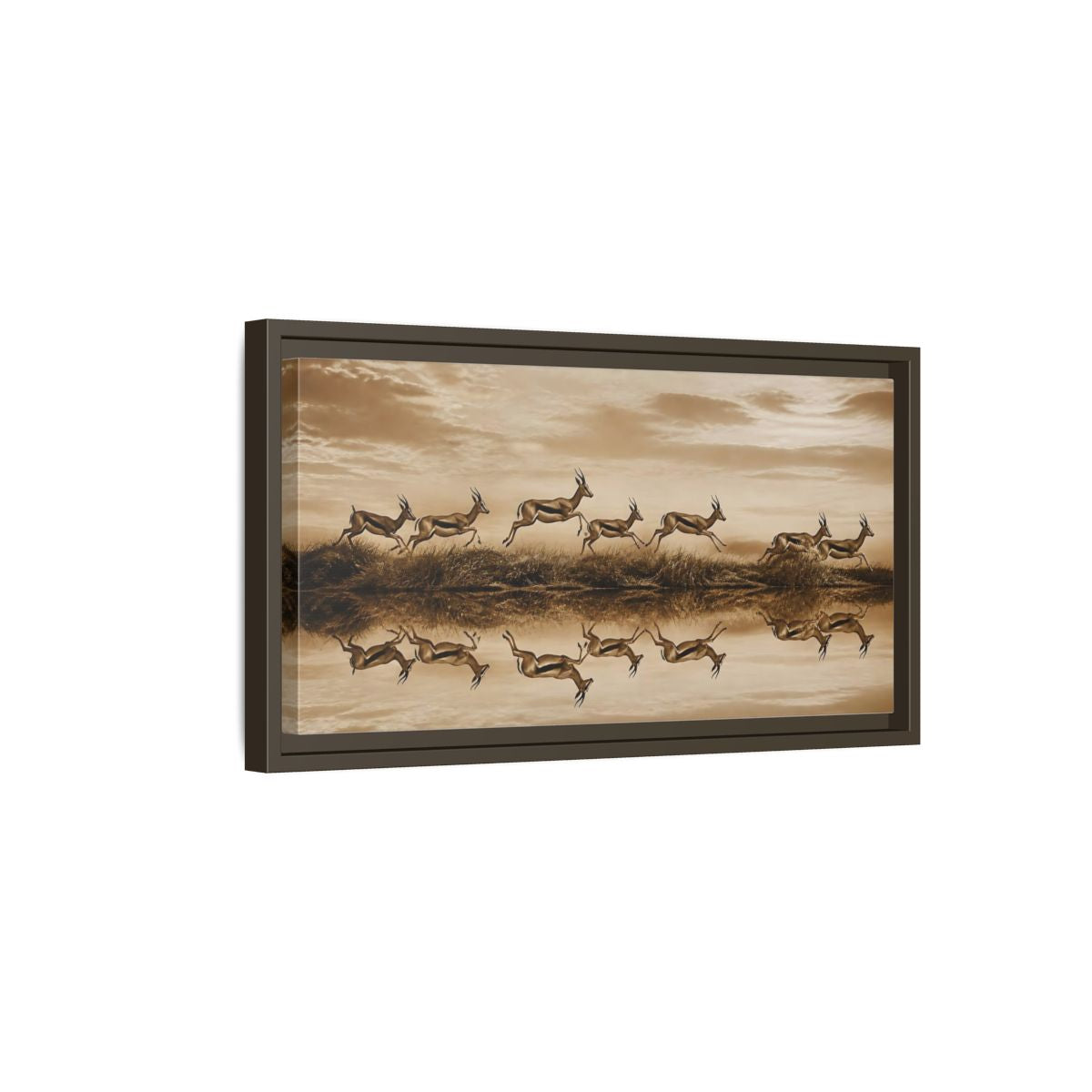 Side Mockup 7. Animals Gazelles Sepia Wildlife shown as stretched canvas wall art