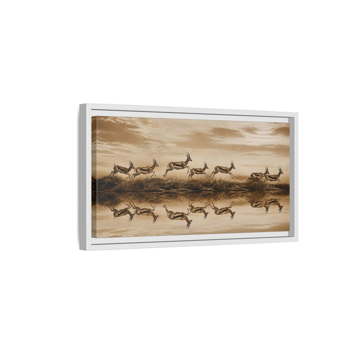 Side Mockup 6. Animals Gazelles Sepia Wildlife shown as stretched canvas wall art