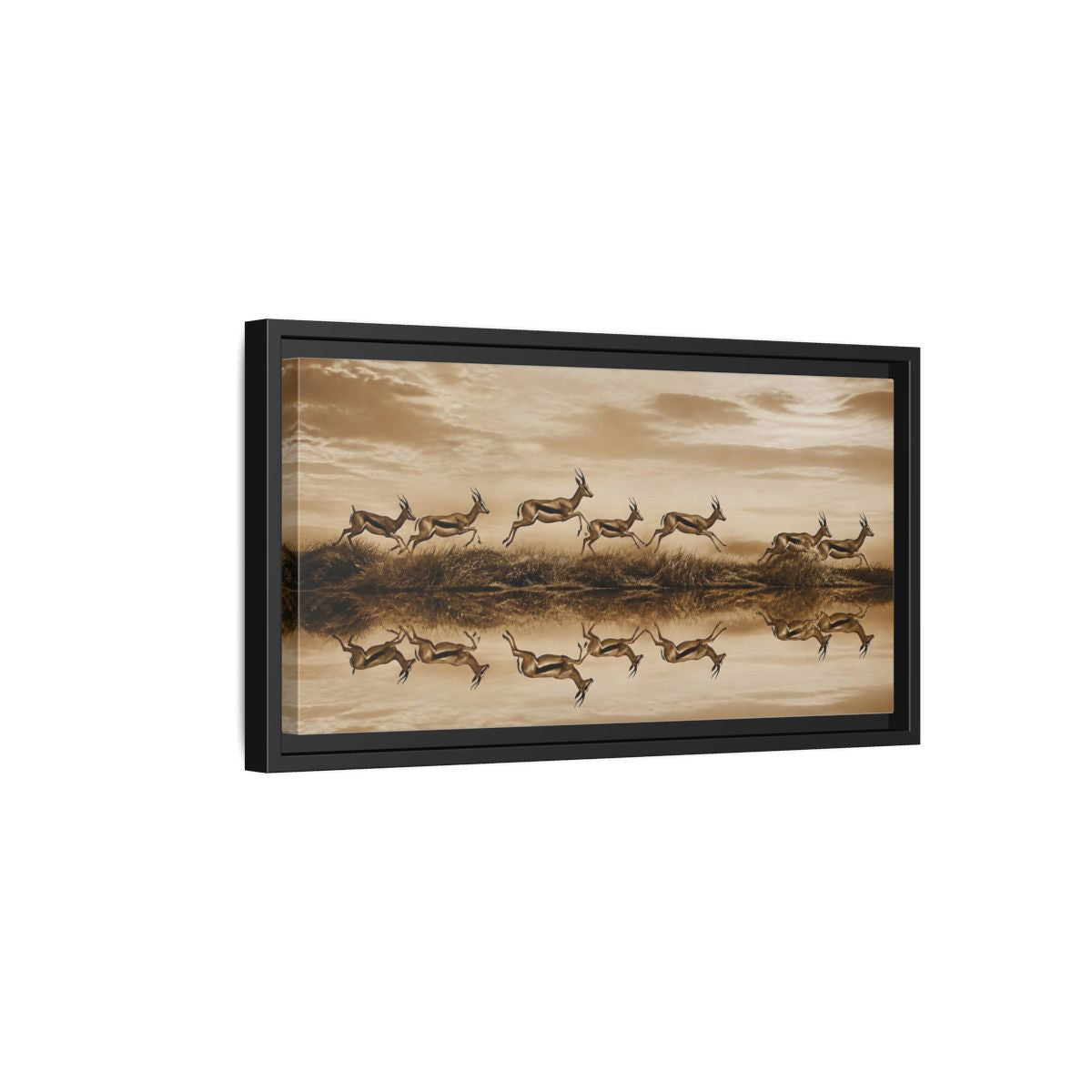 Side Mockup 8. Animals Gazelles Sepia Wildlife shown as stretched canvas wall art