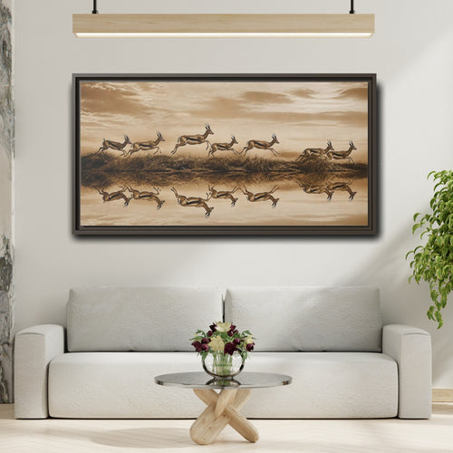 Mockup 2. Animals Gazelles Sepia Wildlife shown as stretched canvas wall art