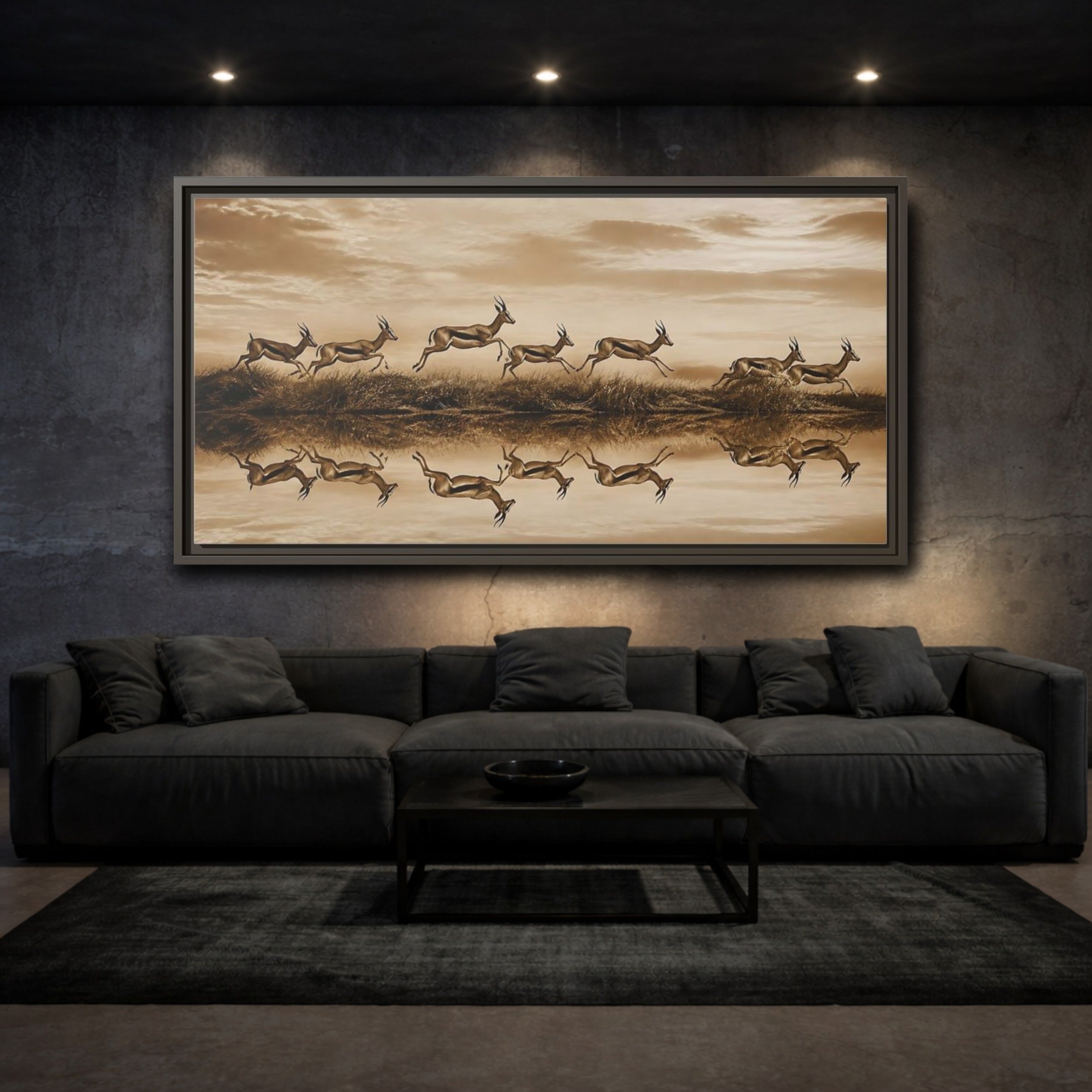 Mockup 3. Animals Gazelles Sepia Wildlife shown as stretched canvas wall art
