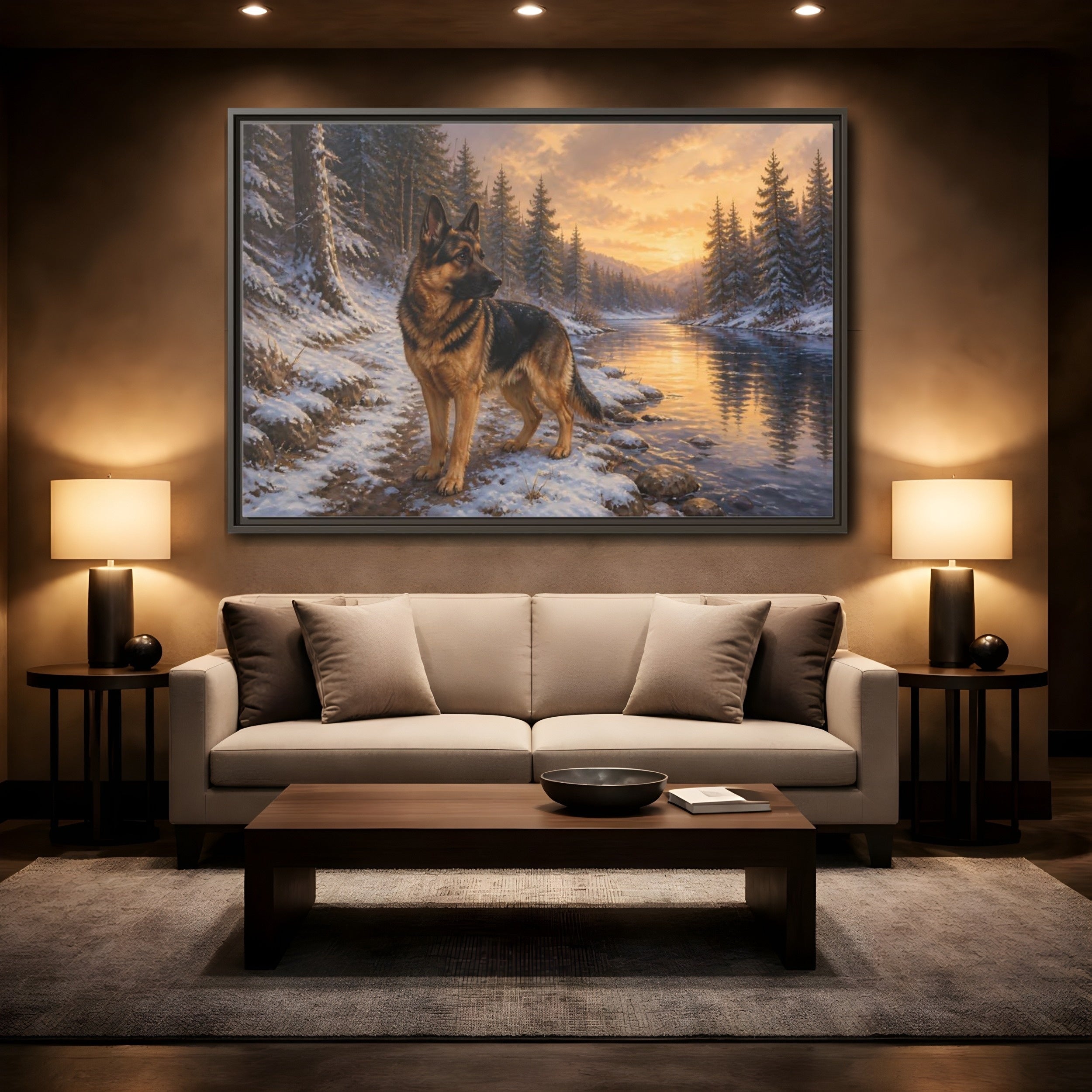 Mockup 2. Animals German Shepherd German Shepherd Winter shown as stretched canvas wall art