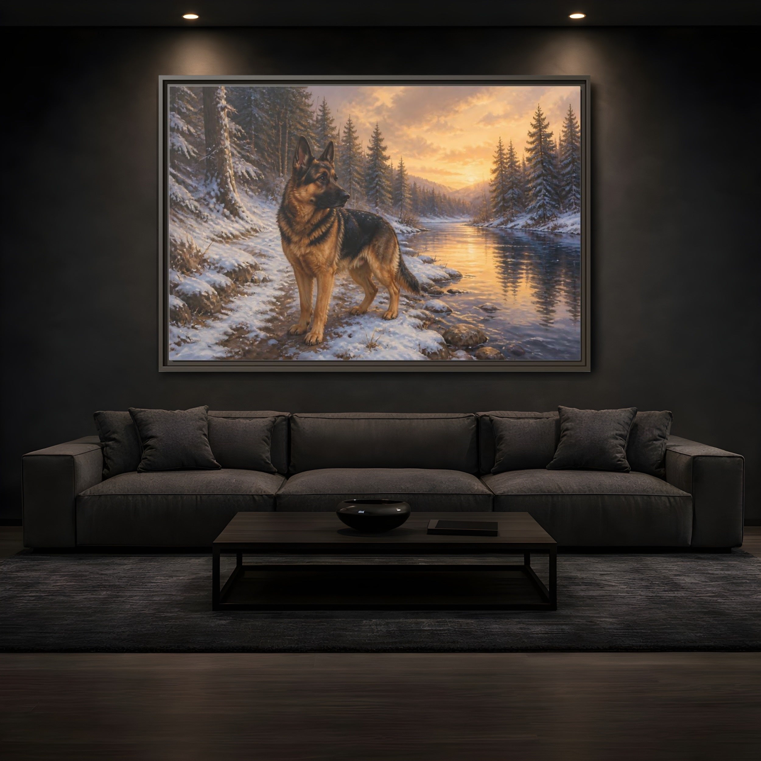 Mockup 3. Animals German Shepherd German Shepherd Winter shown as stretched canvas wall art