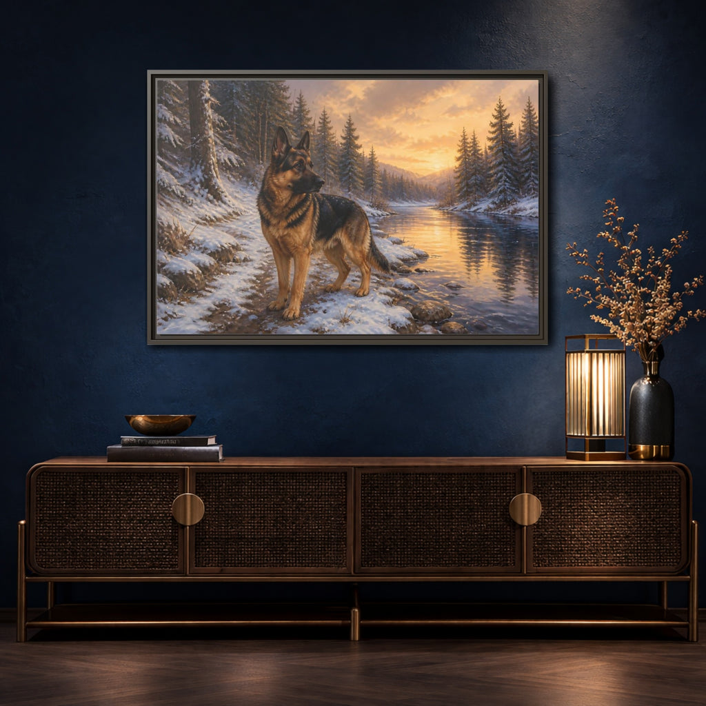 Mockup 4. Animals German Shepherd German Shepherd Winter shown as stretched canvas wall art