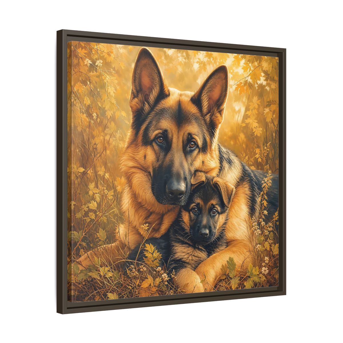 Side Mockup 27. Animals German Shepherds Autumn German Shepherds shown as stretched canvas wall art