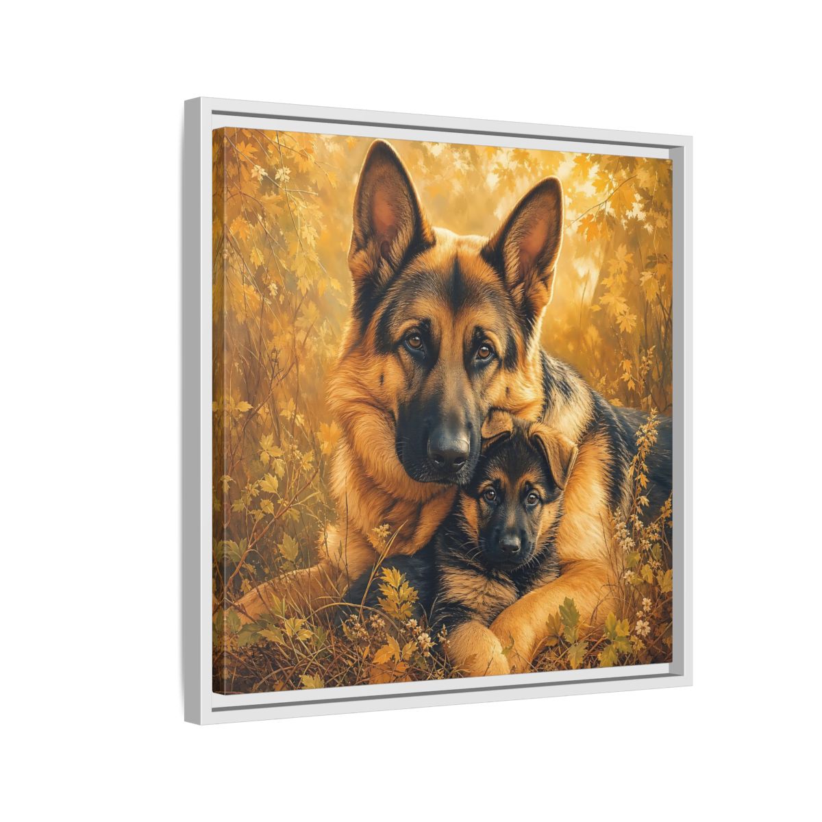 Side Mockup 10. Animals German Shepherds Autumn German Shepherds shown as stretched canvas wall art