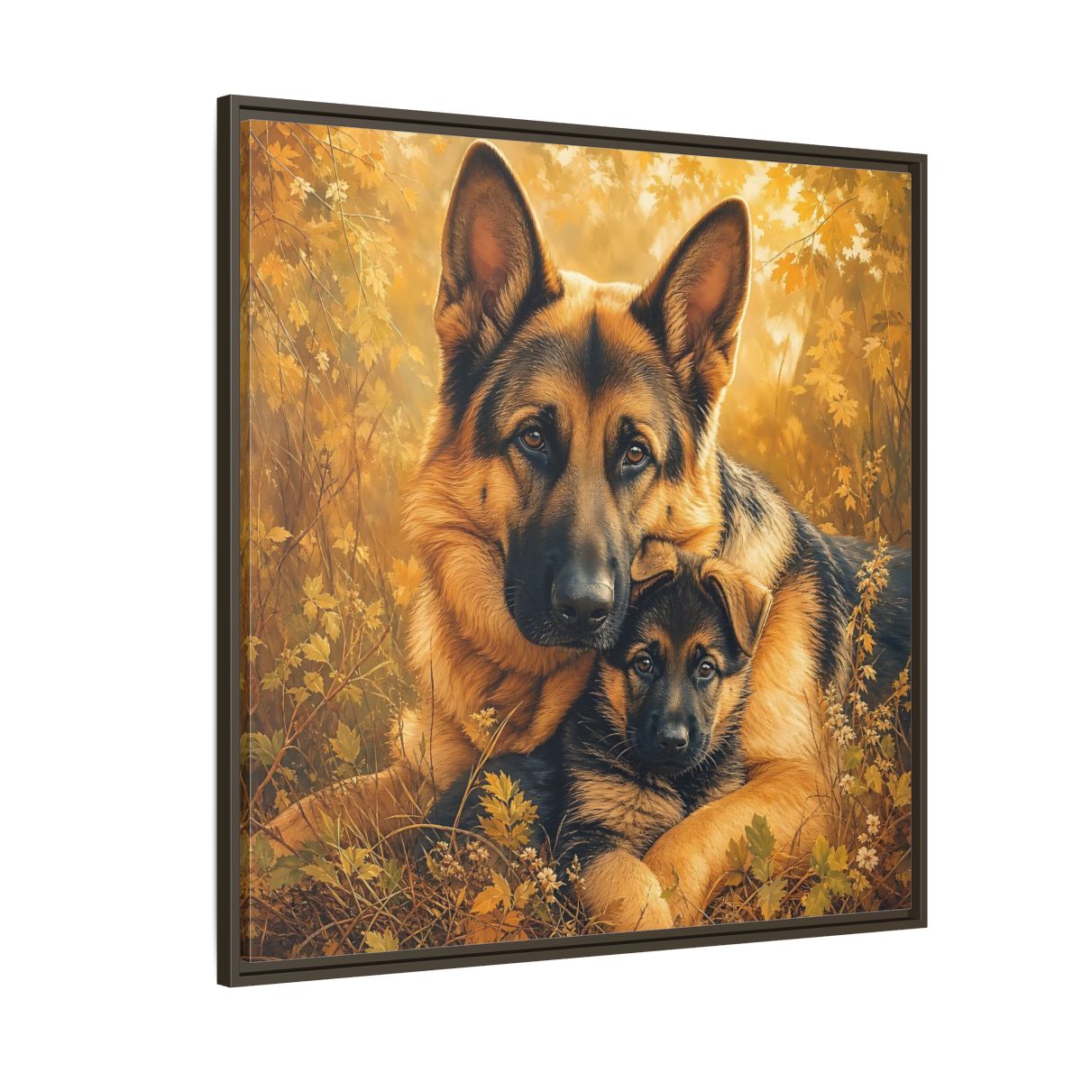 Side Mockup 5. Animals German Shepherds Autumn German Shepherds shown as stretched canvas wall art