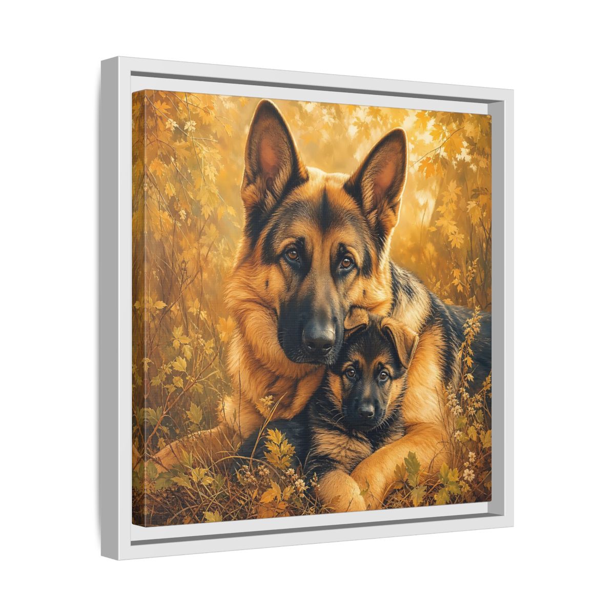 Side Mockup 28. Animals German Shepherds Autumn German Shepherds shown as stretched canvas wall art