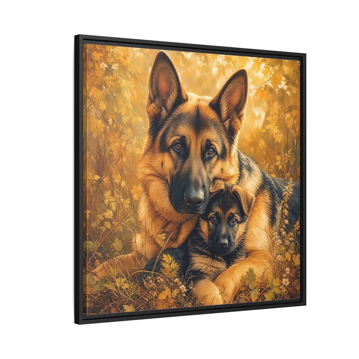 Side Mockup 9. Animals German Shepherds Autumn German Shepherds shown as stretched canvas wall art