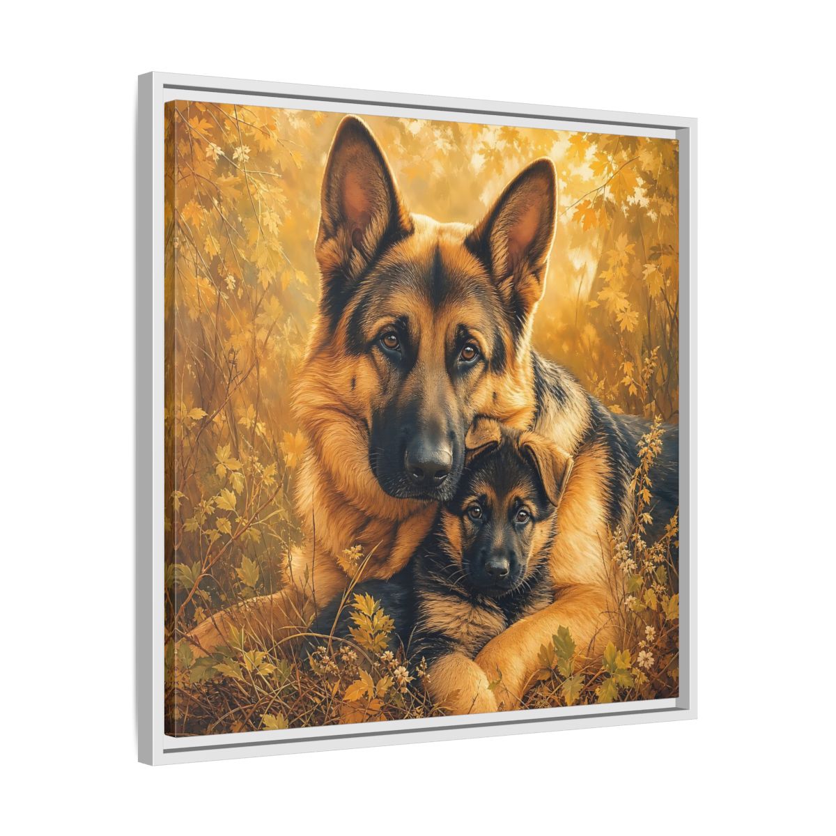 Side Mockup 26. Animals German Shepherds Autumn German Shepherds shown as stretched canvas wall art
