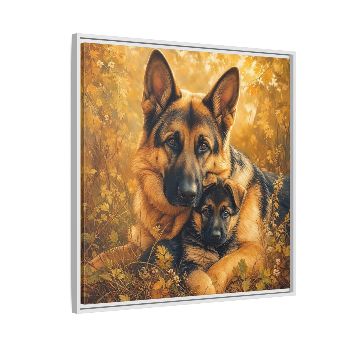Side Mockup 7. Animals German Shepherds Autumn German Shepherds shown as stretched canvas wall art