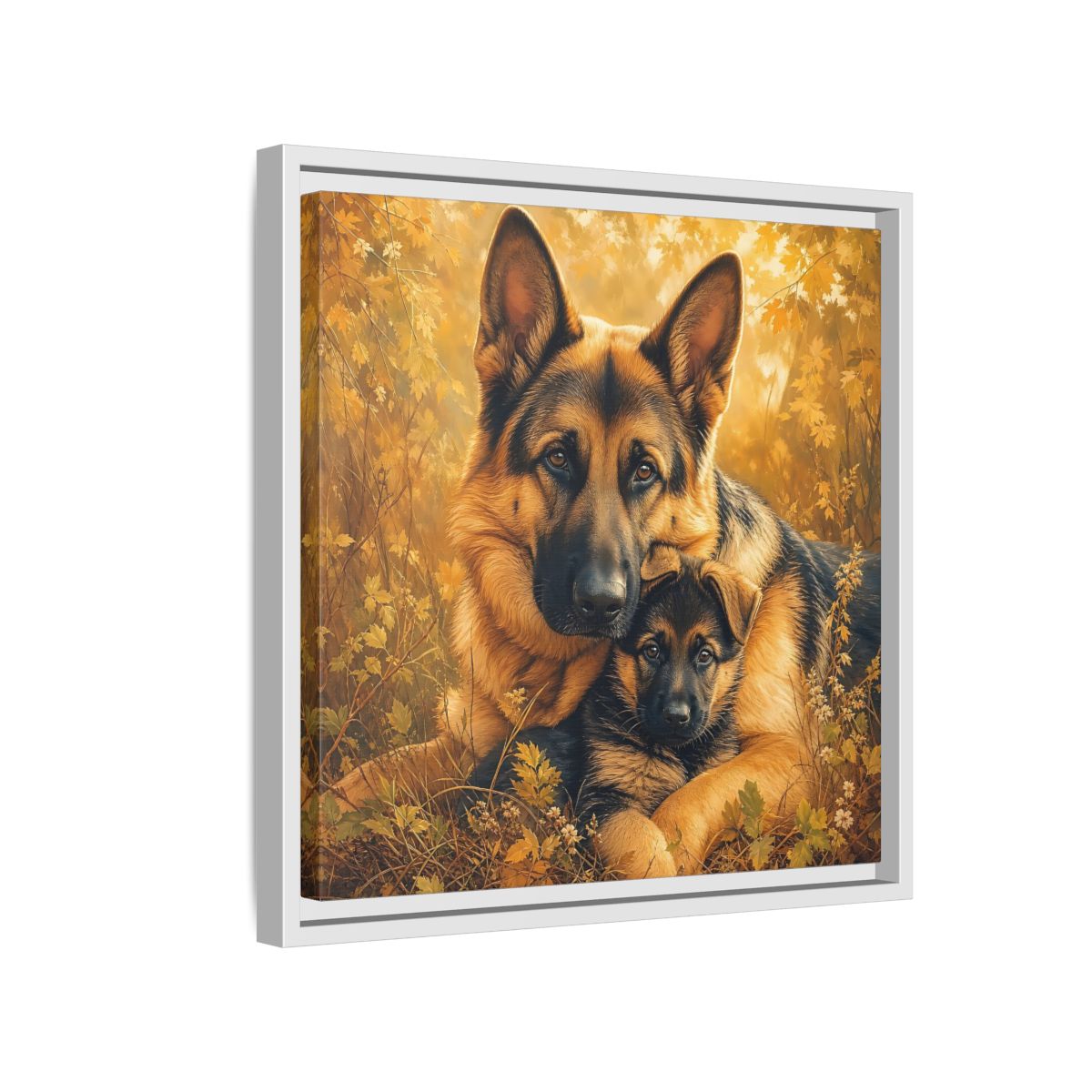 Side Mockup 13. Animals German Shepherds Autumn German Shepherds shown as stretched canvas wall art