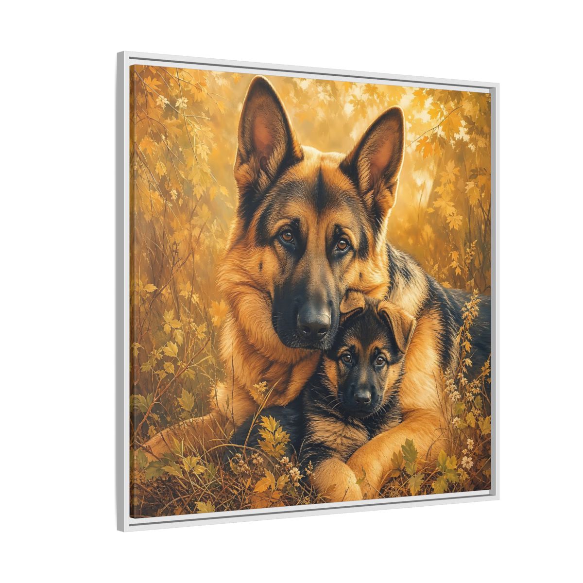 Side Mockup 4. Animals German Shepherds Autumn German Shepherds shown as stretched canvas wall art