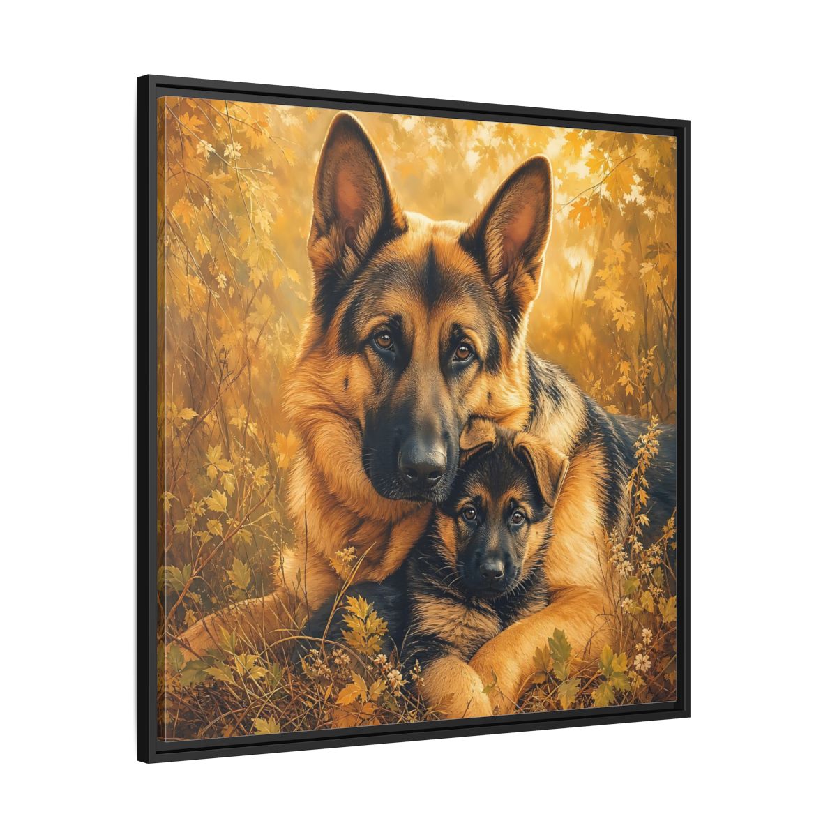 Side Mockup 30. Animals German Shepherds Autumn German Shepherds shown as stretched canvas wall art