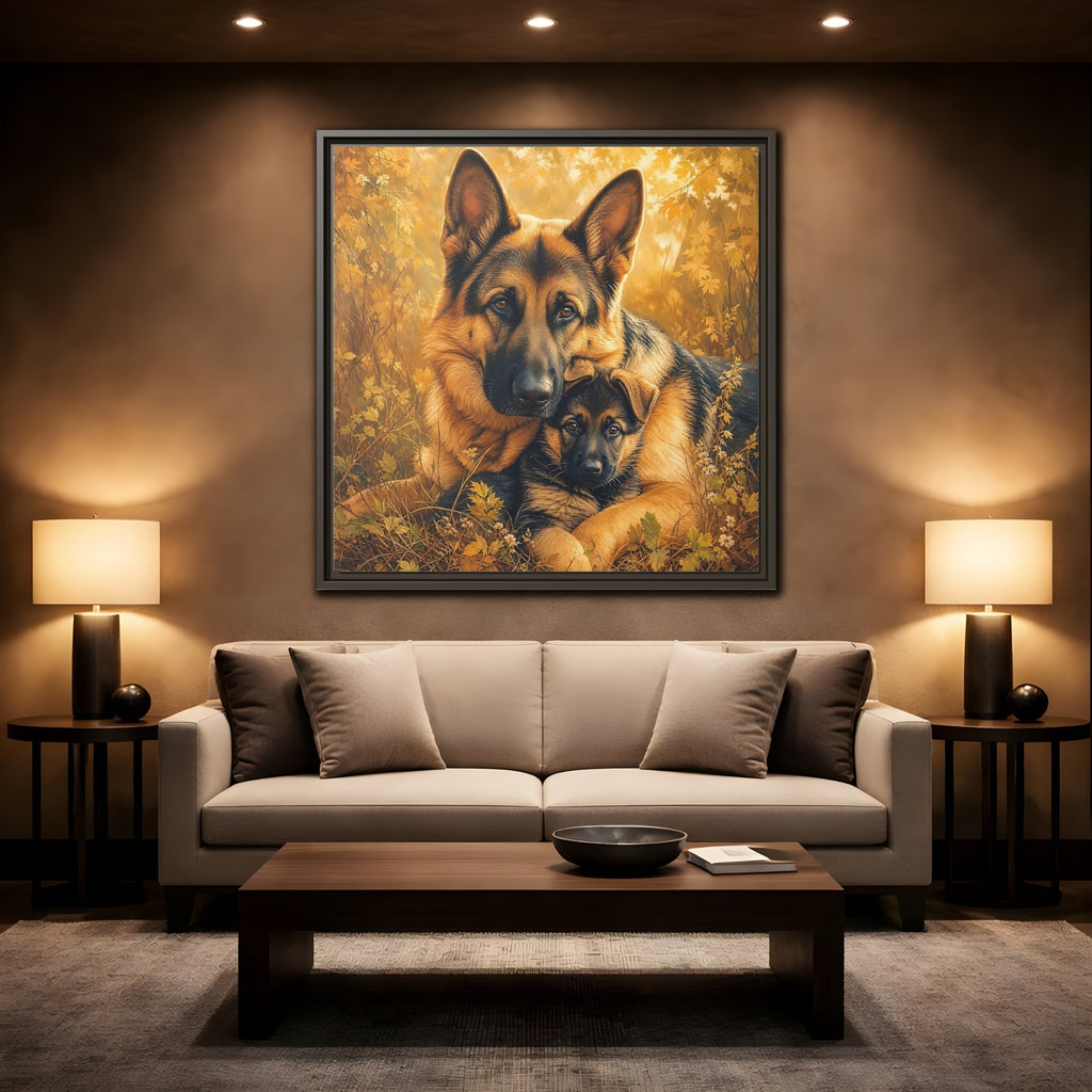 Mockup 2. Animals German Shepherds Autumn German Shepherds shown as stretched canvas wall art