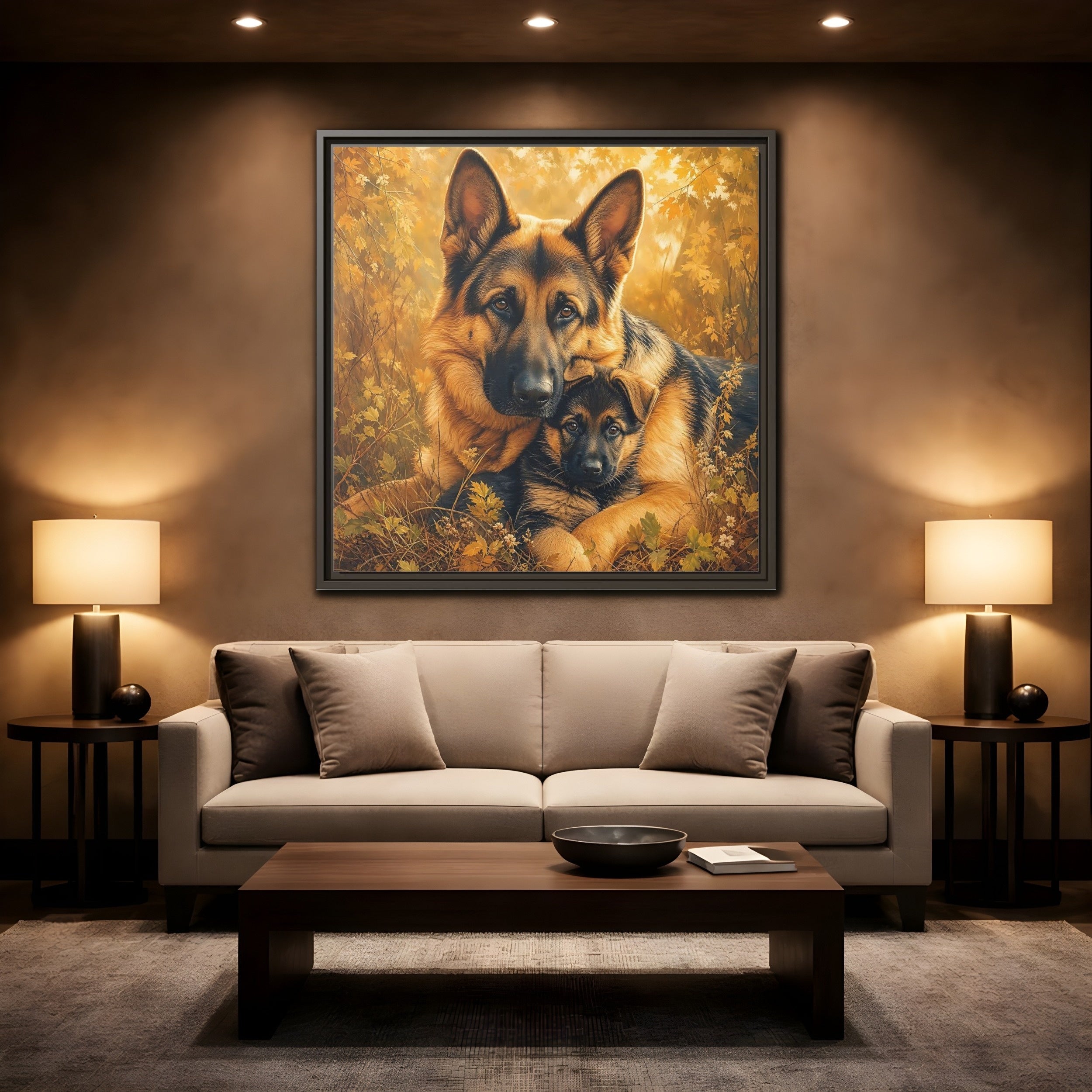 Mockup 2. Animals German Shepherds Autumn German Shepherds shown as stretched canvas wall art