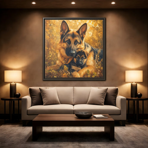 Mockup 2. Animals German Shepherds Autumn German Shepherds shown as stretched canvas wall art