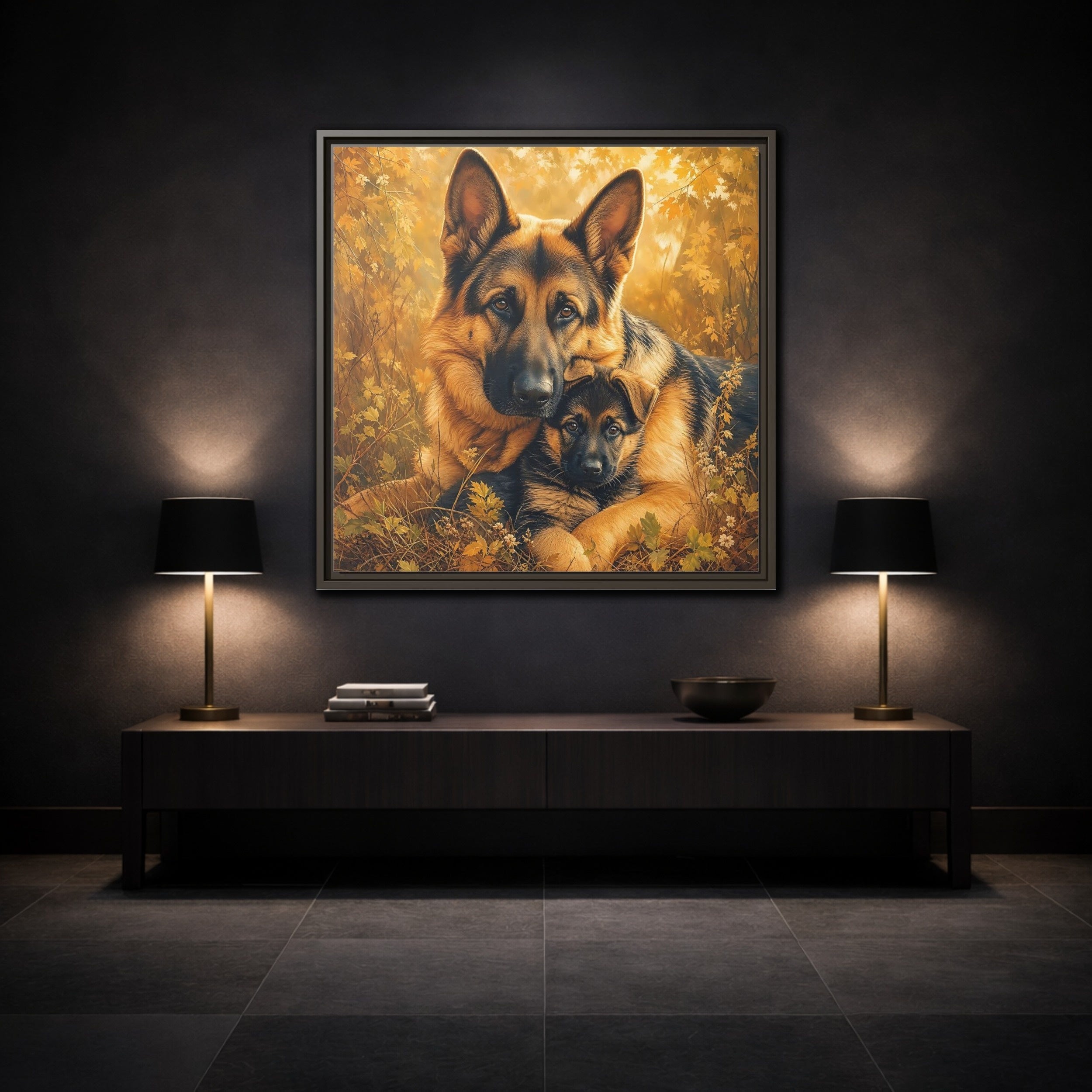 Mockup 3. Animals German Shepherds Autumn German Shepherds shown as stretched canvas wall art