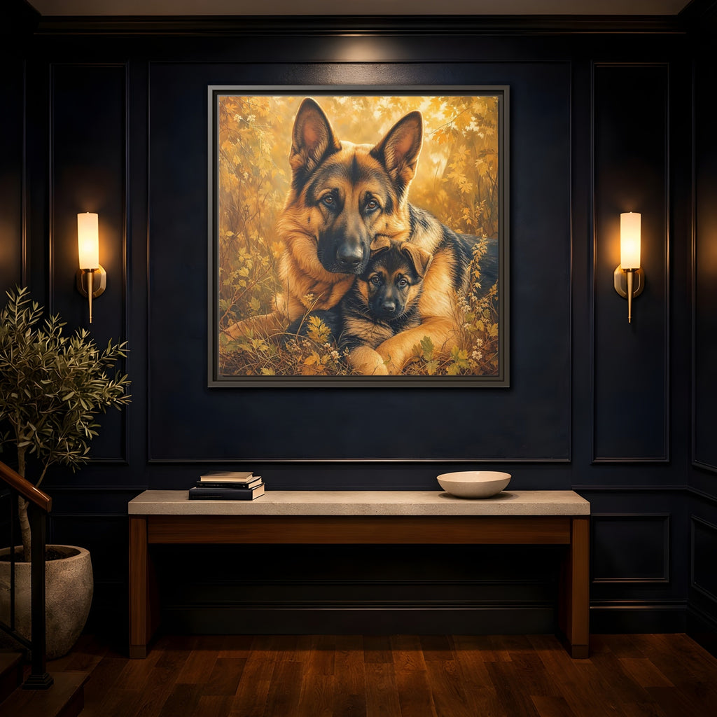 Mockup 4. Animals German Shepherds Autumn German Shepherds shown as stretched canvas wall art