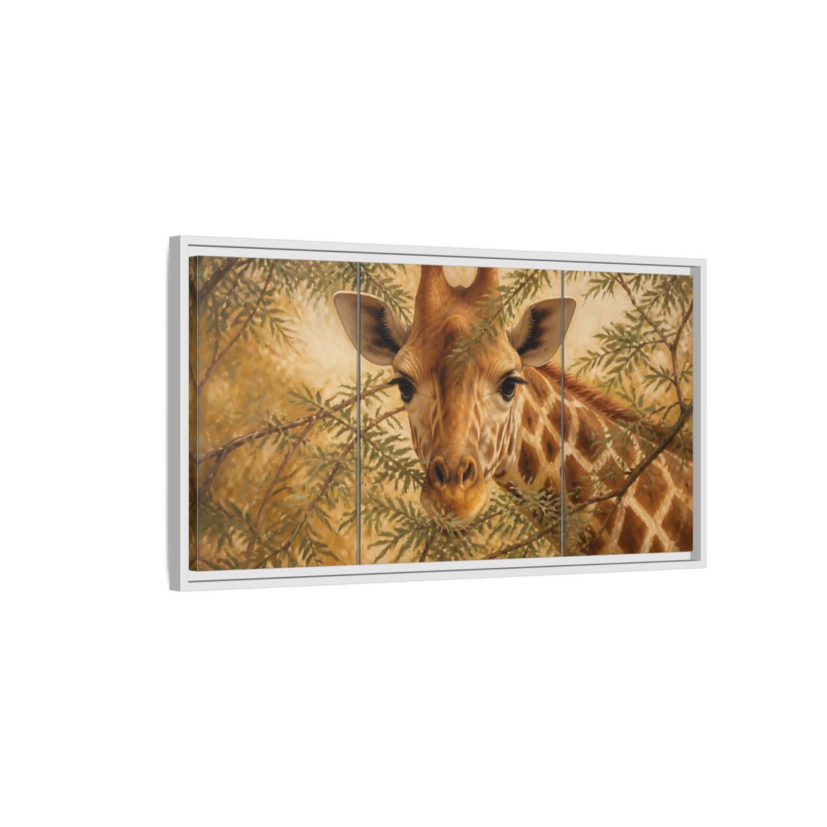Side Mockup 1. Animals Giraffe Brown And Green shown as stretched canvas wall art