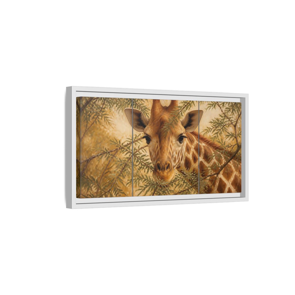 Side Mockup 6. Animals Giraffe Brown And Green shown as stretched canvas wall art