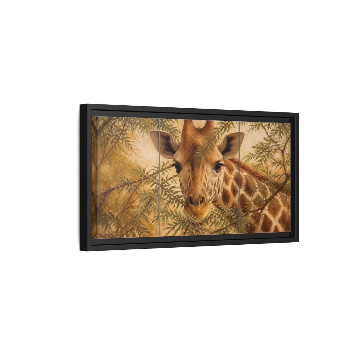 Side Mockup 8. Animals Giraffe Brown And Green shown as stretched canvas wall art