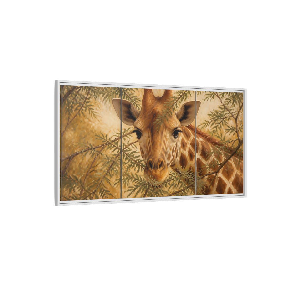 Side Mockup 3. Animals Giraffe Brown And Green shown as stretched canvas wall art