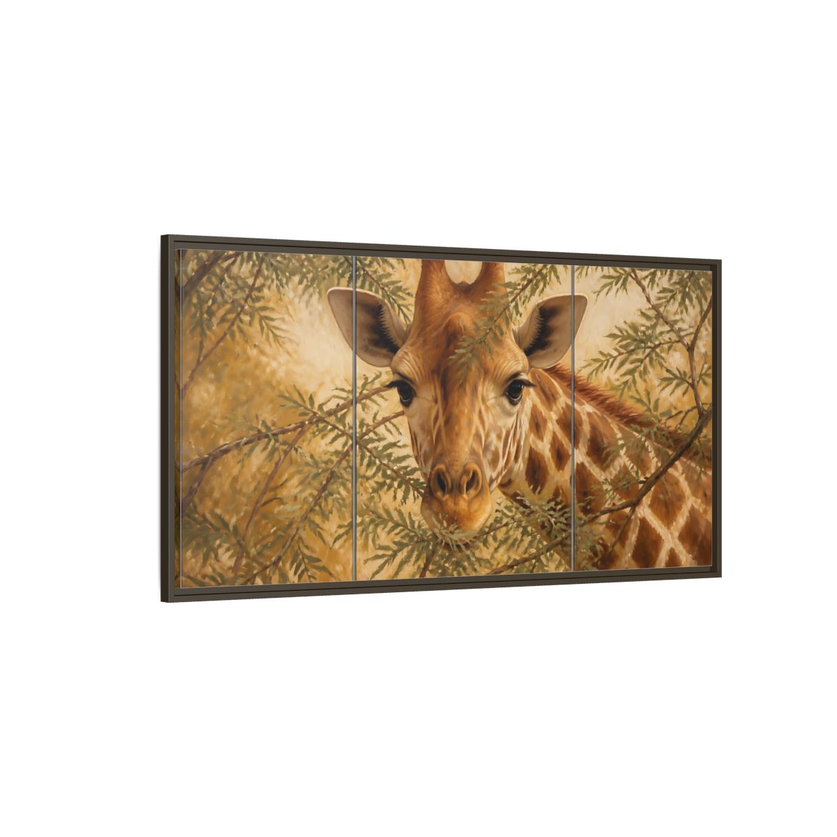 Side Mockup 4. Animals Giraffe Brown And Green shown as stretched canvas wall art