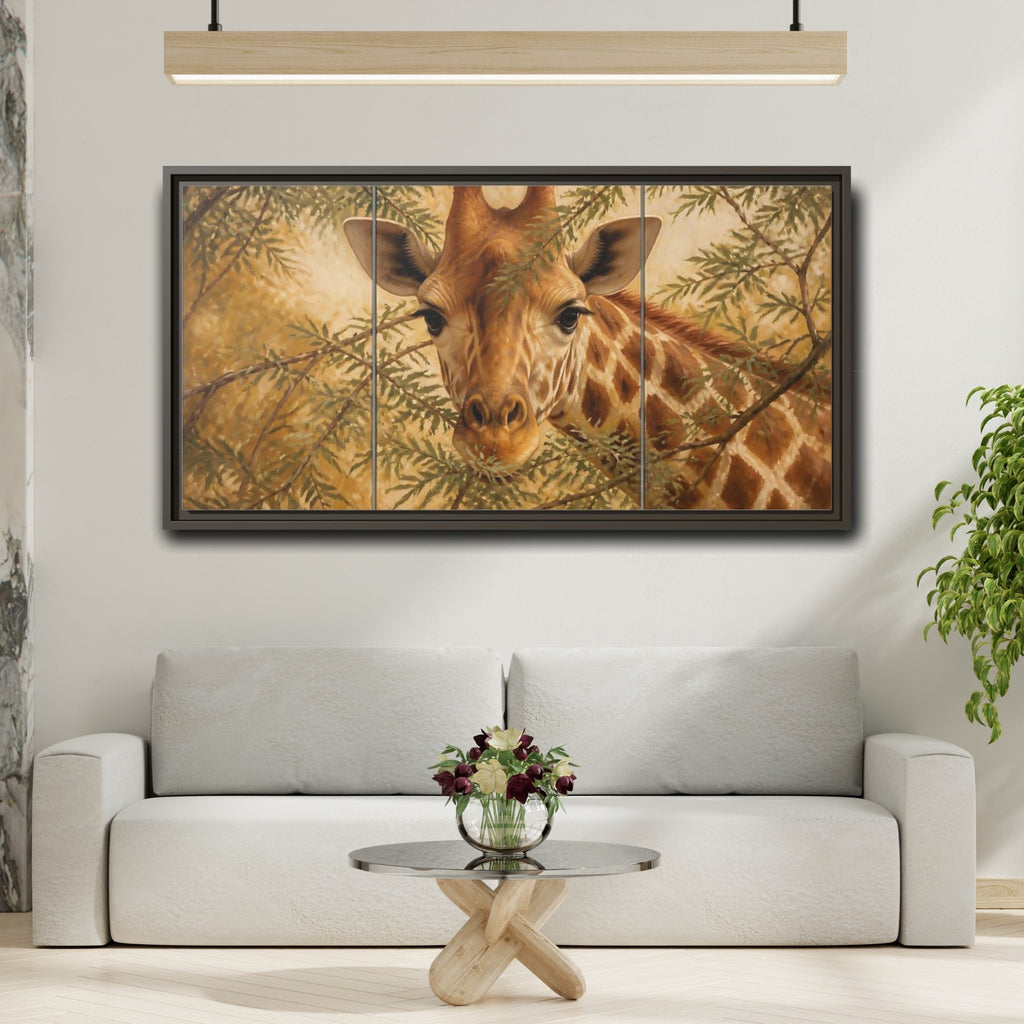 Mockup 2. Animals Giraffe Brown And Green shown as stretched canvas wall art