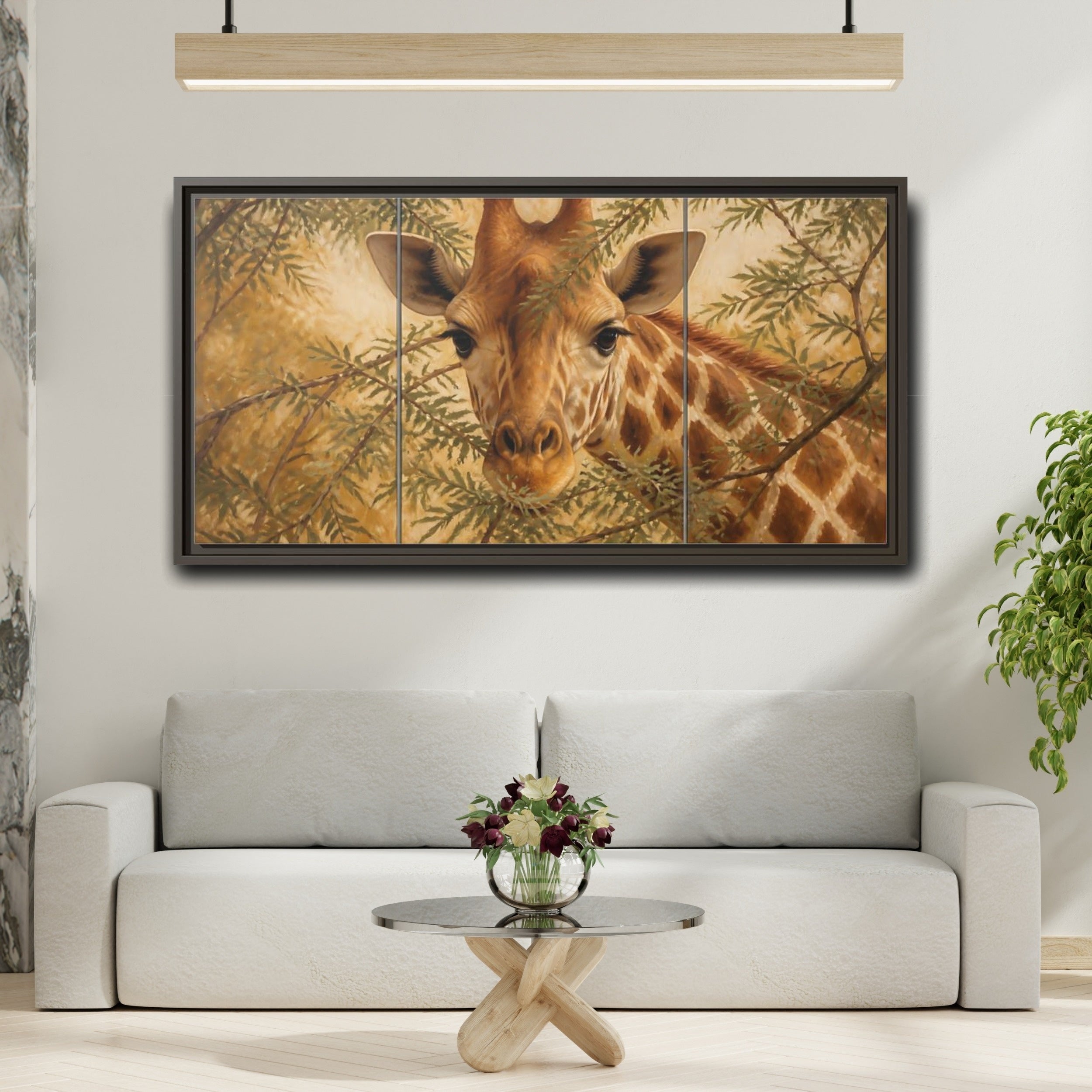 Mockup 2. Animals Giraffe Brown And Green shown as stretched canvas wall art