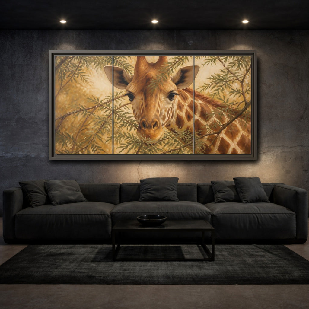 Mockup 3. Animals Giraffe Brown And Green shown as stretched canvas wall art