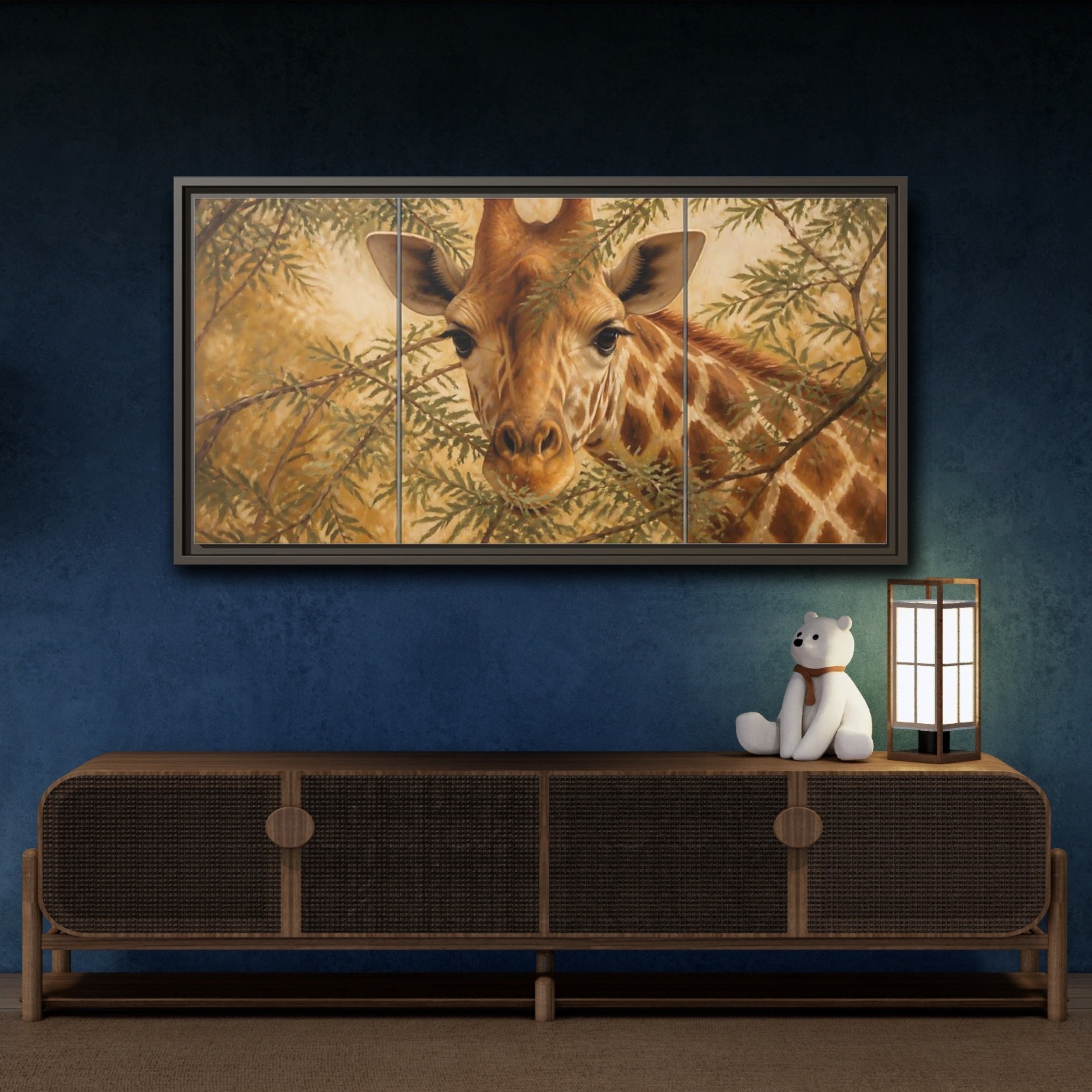 Mockup 4. Animals Giraffe Brown And Green shown as stretched canvas wall art