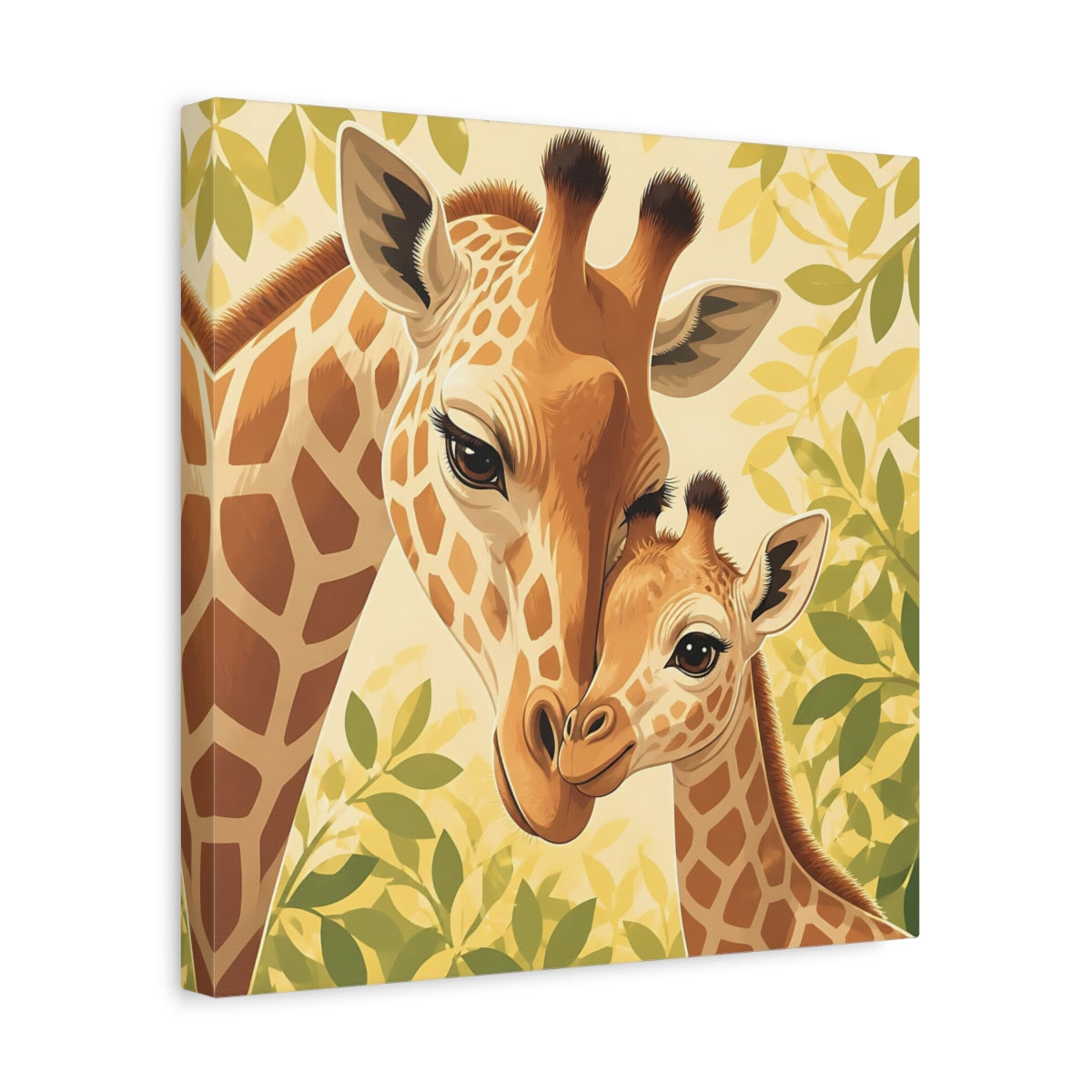 Side Mockup 7. Animals Giraffe Family Brown Green Giraffe shown as stretched canvas wall art
