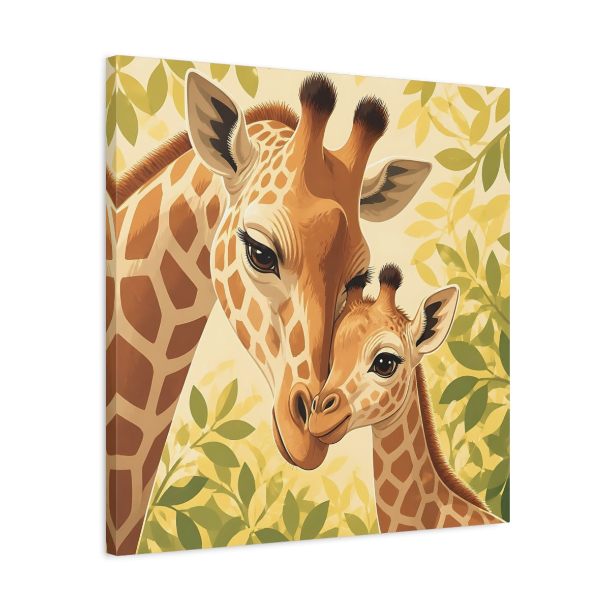 Side Mockup 4. Animals Giraffe Family Brown Green Giraffe shown as stretched canvas wall art