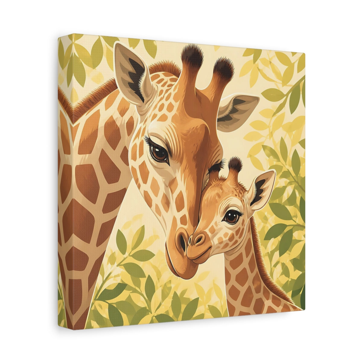 Side Mockup 9. Animals Giraffe Family Brown Green Giraffe shown as stretched canvas wall art