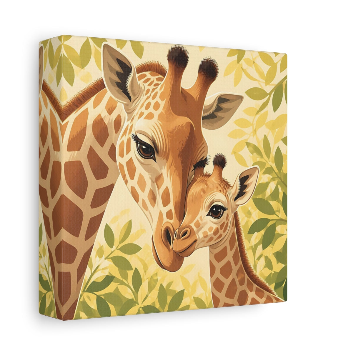 Side Mockup 2. Animals Giraffe Family Brown Green Giraffe shown as stretched canvas wall art
